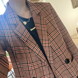 Urban Outfitters Plaid Blazer Jacket Red Tan Double Breasted Women M Preppy